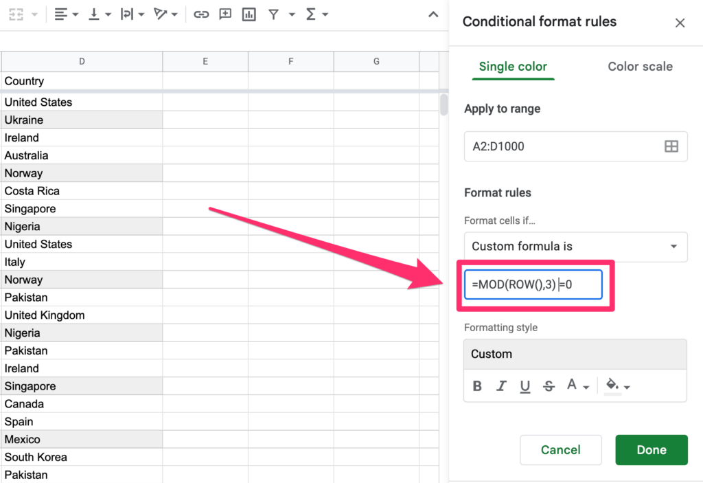 An arrow pointing to the formula that will return TRUE for every third row