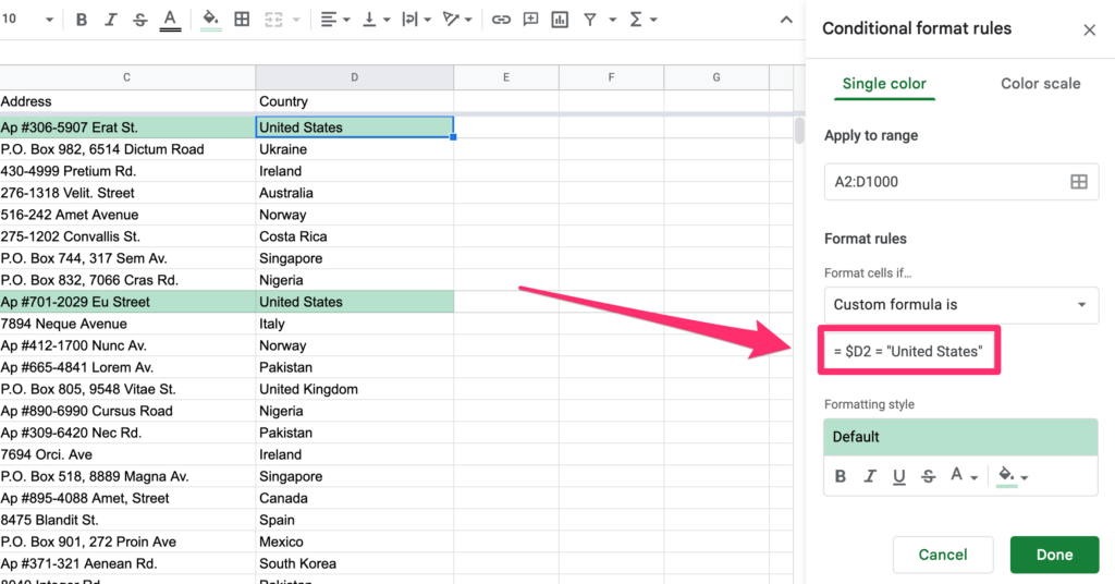 Arrow pointing to the custom formula that will highlight all rows where D cell value equals to 'United States'