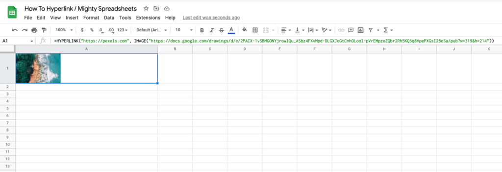 The screenshot shows the HYPERLINK formula using your custom image URL inside. The image is visible in the A1 cell and links out to pexels website