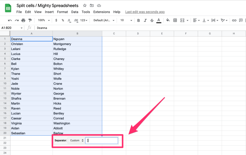 The screenshot shows the bracket used as a custom separator for splitting text