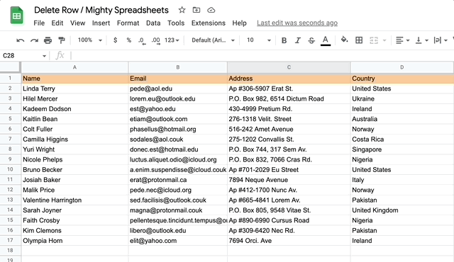 The gif shows what the process of deleting rows with a shortcut looks like. User selects row number 7 and when he uses keyboard shortcut the contextual menu appears as well