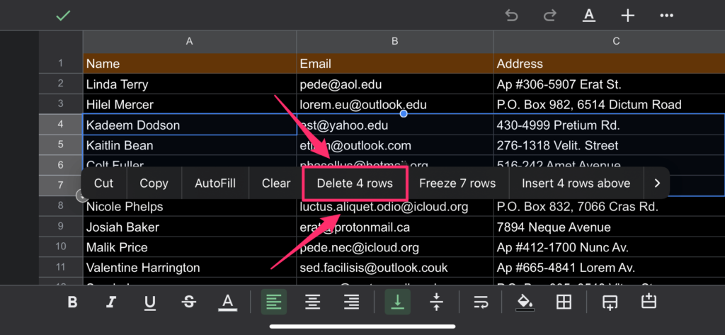 The screenshot shows 'Delete rows' contextual menu in the mobile IOS Google Sheets App