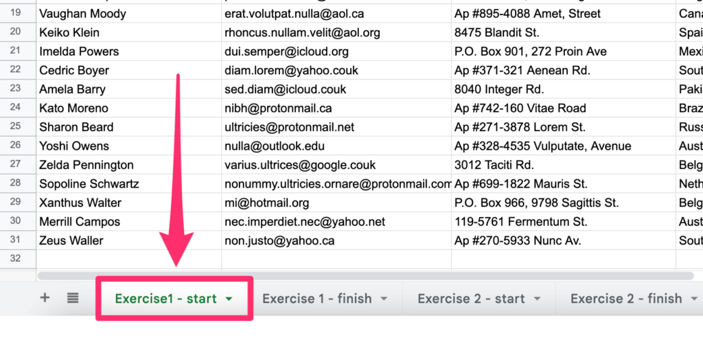 The arrow on the screenshot points to the 'exercise 1 - start' worksheet where user can find data to follow the steps in the tutorials