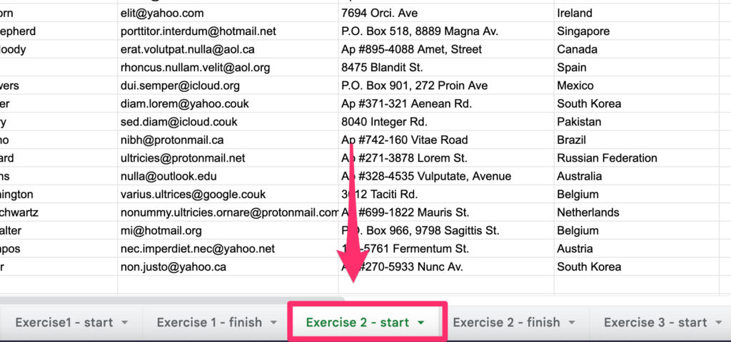 The arrow on the screenshot points to the 'exercise 2 - start' worksheet where user can find data to follow the steps in the tutorials