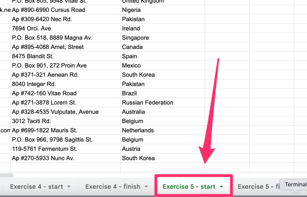 The arrow on the screenshot points to the 'exercise 5 - start' worksheet where user can find data to follow the steps in the tutorials