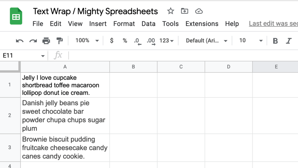 The screenshot shows the final output of wrapping text in google sheets
