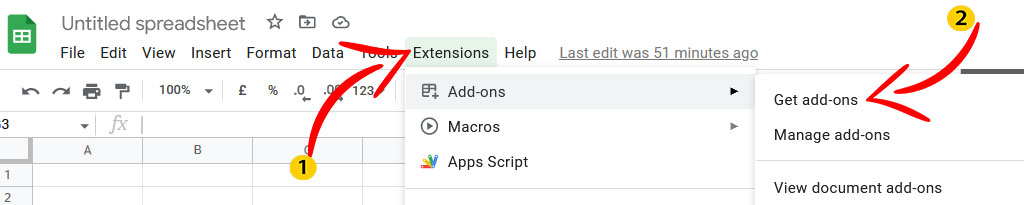 The screenshot shows how to install extensions in Google sheets. First arrow points to the 'Extension' menu item, the secon arrow points on 'Get addons' sub-menu item