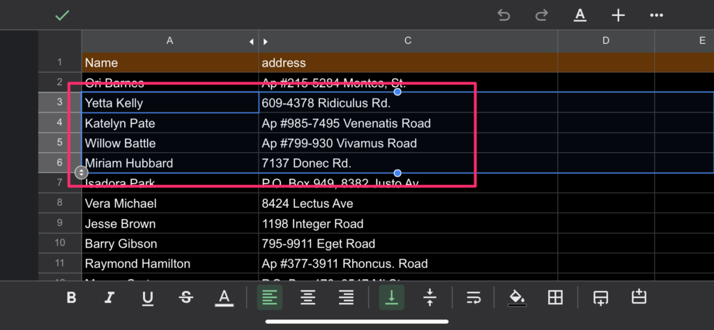 The screenshot shows a selection of rows (rows 3 to 6) done on Google Sheets iPhone app