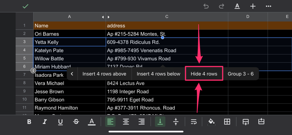 The screenshot shows an arrow pointing to the 'Hide 4 rows' option in the contextual menu that becomes visible after double-clicking. The screenshot was taken on Google Sheets mobile app for Iphone