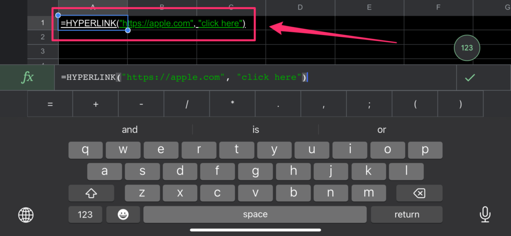 The screenshot shows how to add HYPERLINK formula to A1 cell in Google Sheets IOS app