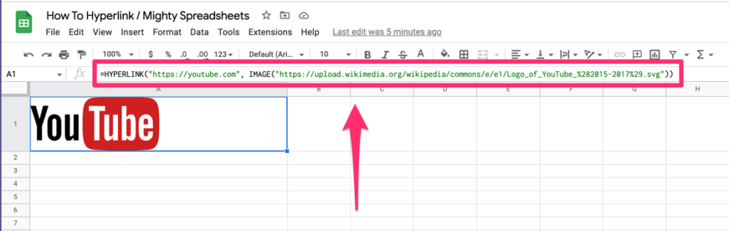 The screenshot shows the HYPERLINK formula applied with an IMAGE formula inside it. It results with 'Youtube' logo being displayed and linking to the Youtube main page