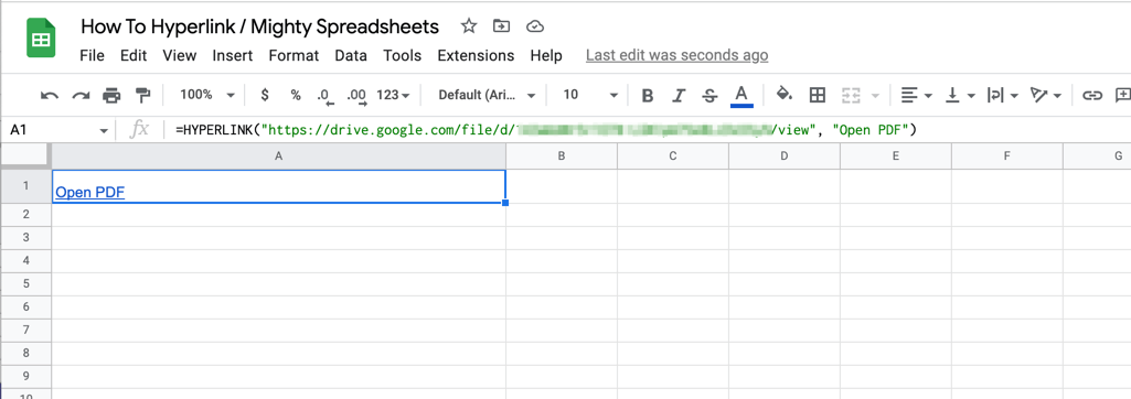 The screenshot shows HYPERLINK formula that links to PDF file