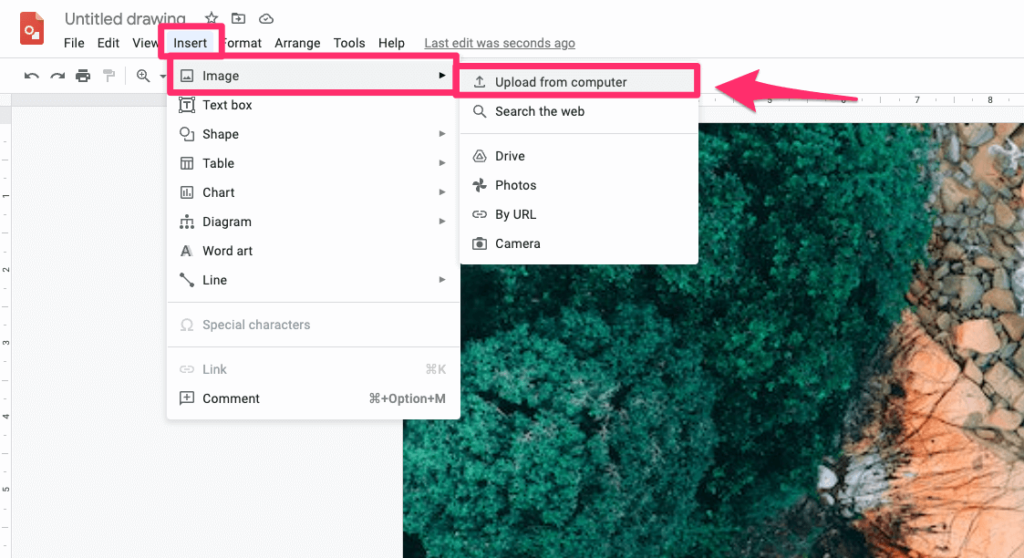 The screenshot shows how to upload image from computer using Google Drawings Options Menu