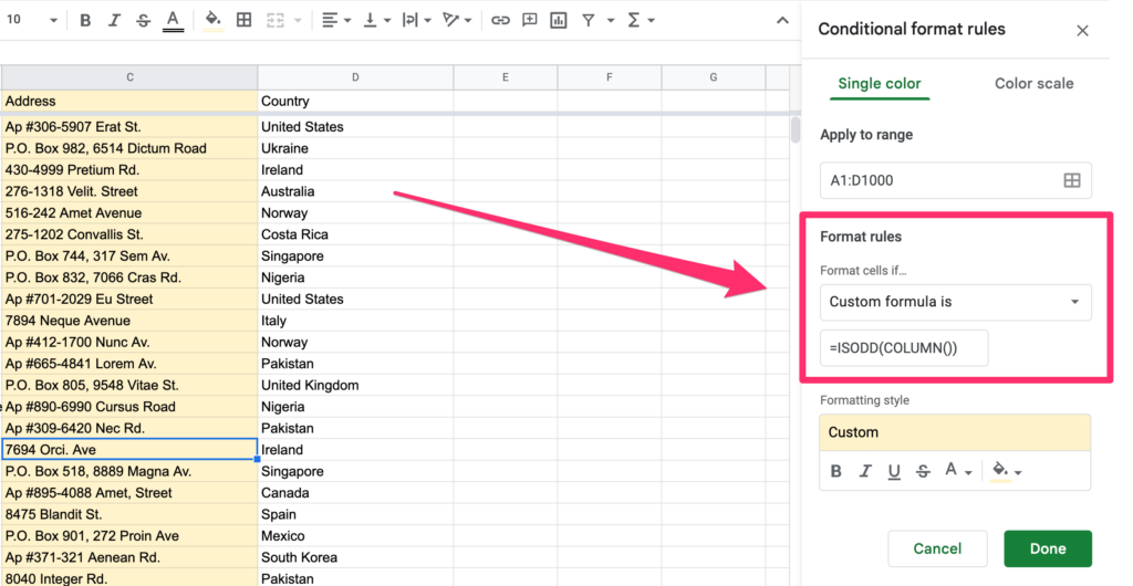 The arrow on the screenshot is pointing on the ISODD formula applied as a conditional format rule