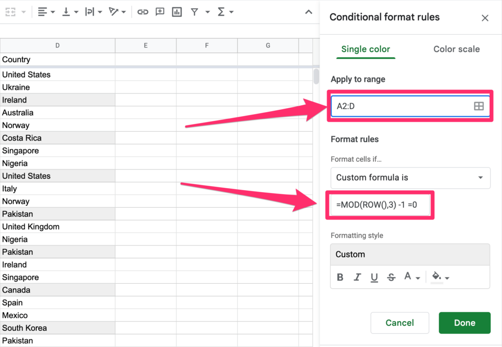 There are two arrows visible on the screenshot. First one is pointing to the custom range which is 'A2:D' and the second row shows the alternated formula where we substract 1 to avoid selecting header