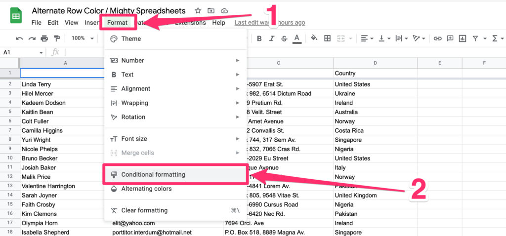 There are two arrows on the screenshot. The first arrow is pointing to the 'Format' menu item, the second option is pointing to the 'conditional formatting' option