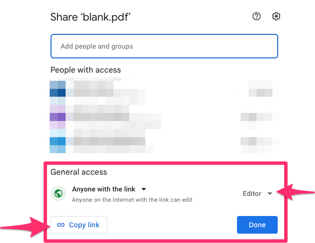 The screenshot shows PDF sharing options settings in your google Drive
