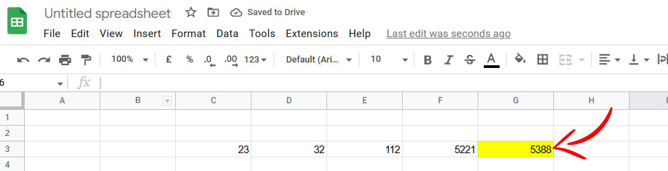 The screenshot shows the final output of the AUTOSUM function with G3 cell being highlighted in yellow as it contains the final number