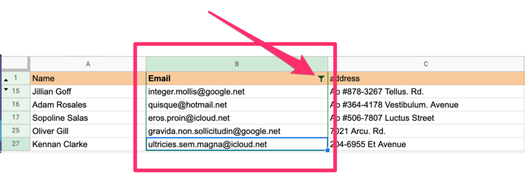 The screenshot shows the presence of hidden rows when we use the filter option. Arrow points to the filter icon that is visible on the right hand side of the Column heading