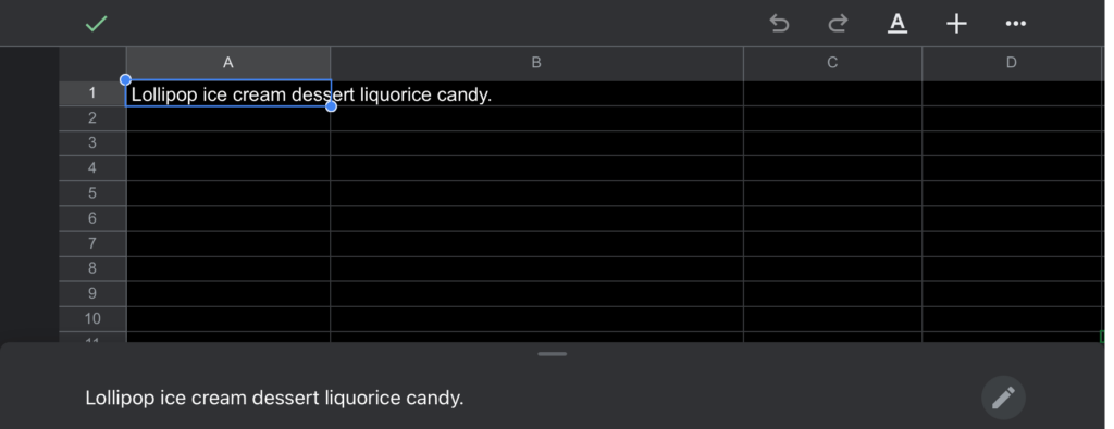 The screenshot shows A1 cell selection in the Google sheets mobile app for Iphone