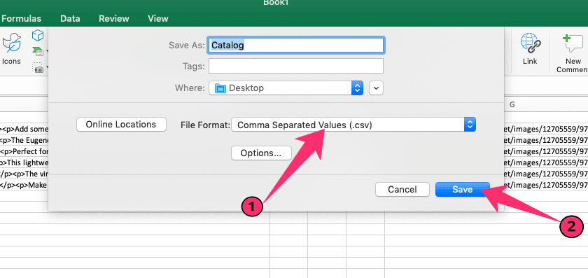 The screenshot shows how to select format as Comma Separated Values while exporting CSV file