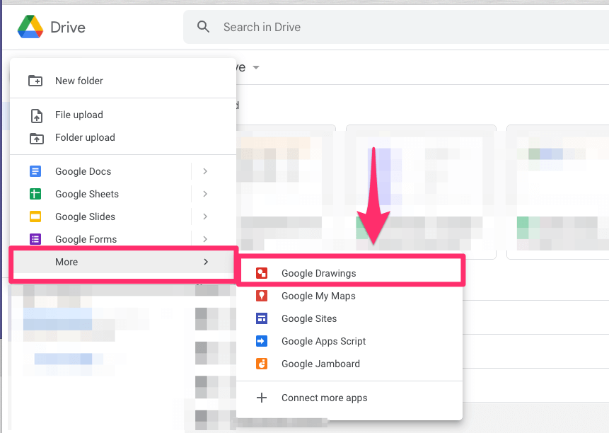 The screenshot shows how to access Google Drawings from the Google Drive contextual menu