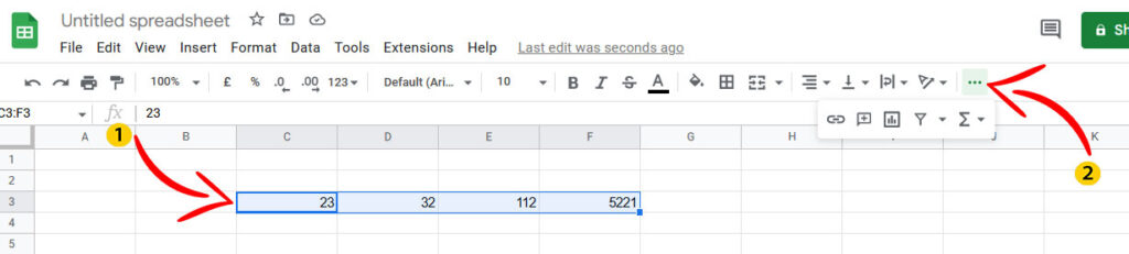 The screenshot shows how to access AUTOSUM function from the Google Sheets toolbar