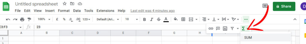 The screenshot shows the SUM icon that is visible after clicking on 3 dots on the right hand side of the toolbar