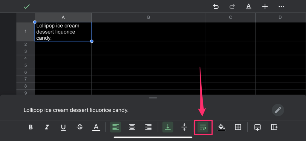 The screenshot shows arrow pointing to the text wrap icon in the mobile version of Google Sheets app on Iphone