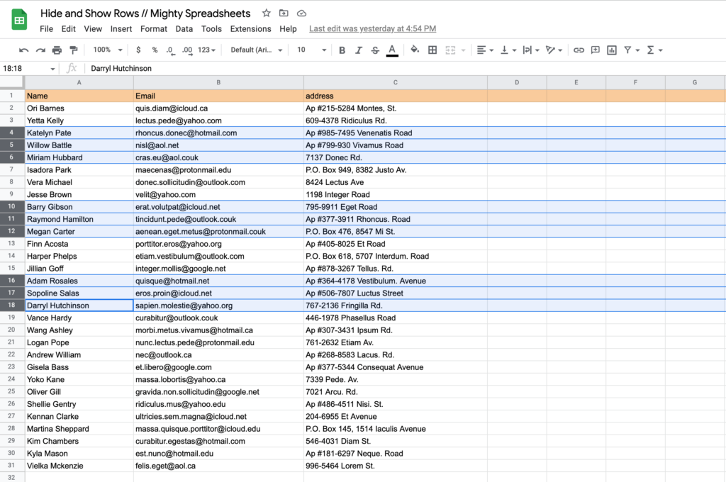 The screenshot shows 3 groups of rows being selected - row 4 to 6, row 10 to 12 and row 16 to 18