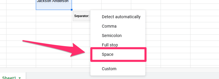 The screenshot shows different options for picking a separator for splitting text, with the arrow pointing on 'space'
