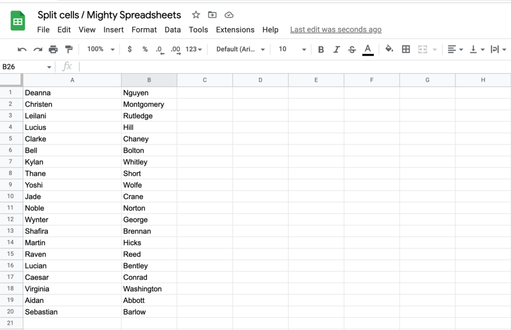 The screenshots shows final output of splitting text into columns - Column A contains names and Column B contains lastnames