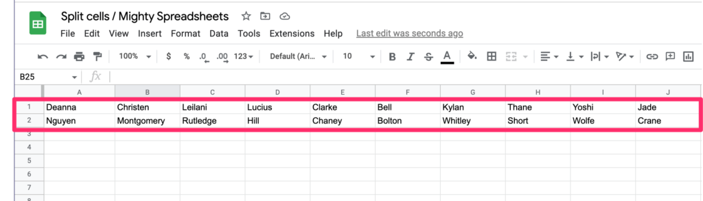 The screenshot shows the final output of using the Transpose options - cells are split vertically