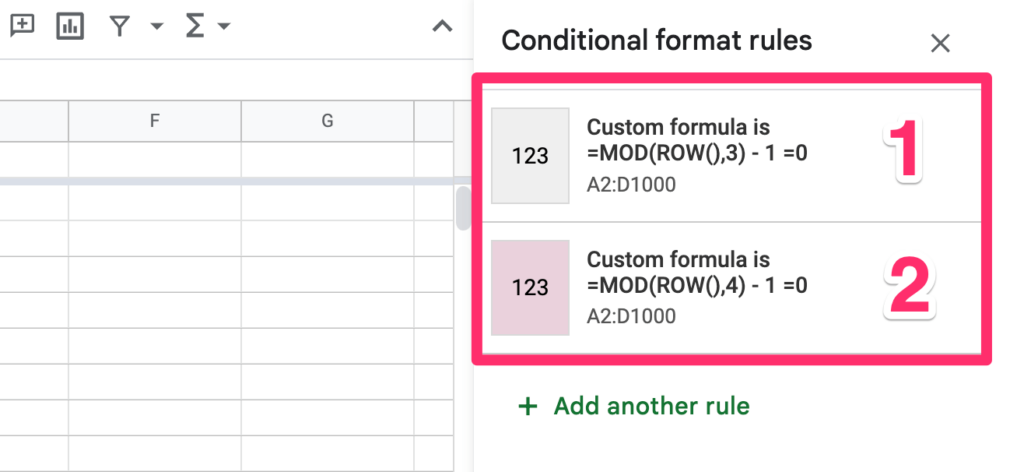 The screenshot shows two custom formulas applied to the conditional format rules. First one highlights every 3rd row in grey, second one highlights every 4rd row in light violet 