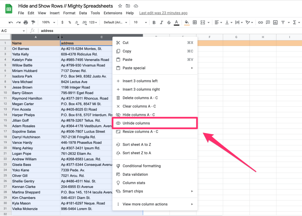 The screenshot shows arrow pointing to 'unhide columns' menu item 