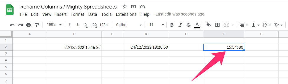 F2 cell shows the final output of our calculation and shows 15 hours, 54 minutes and 30 seconds