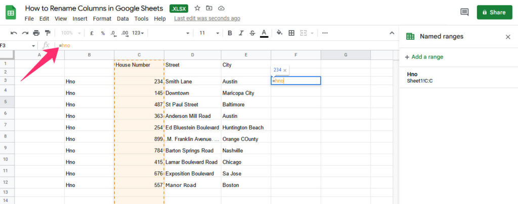 Screenshot shows how the named range can be used in Google Sheets