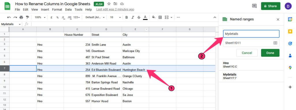 The screenshot shows how to add a named range to a selected row. In this particular case, it's row number 7