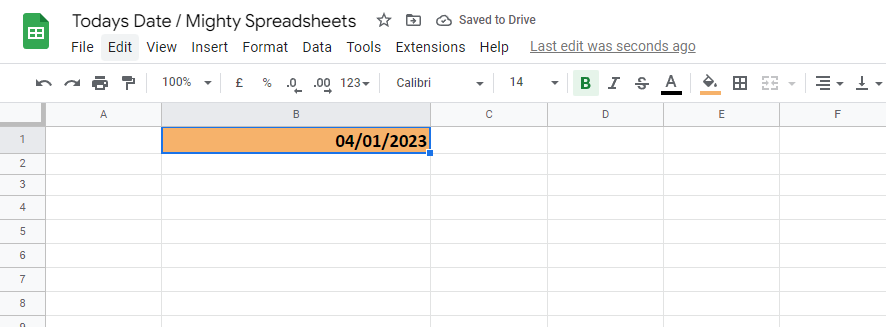 The screenshot shows B1 cell filled with TODAY formula's output - current date 