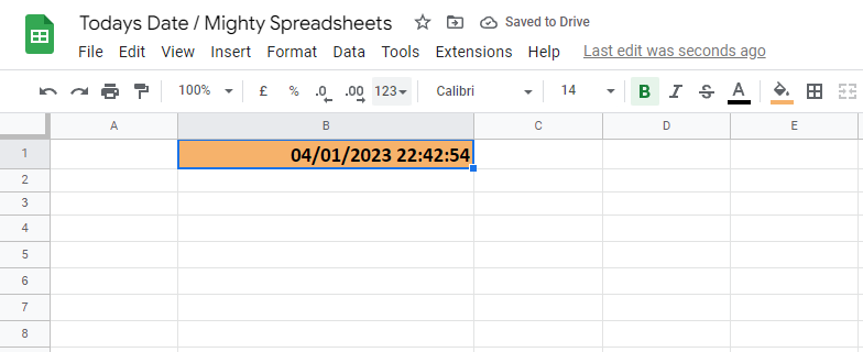 The screenshot shows B1 cell filled with NOW formula's output - current date and time