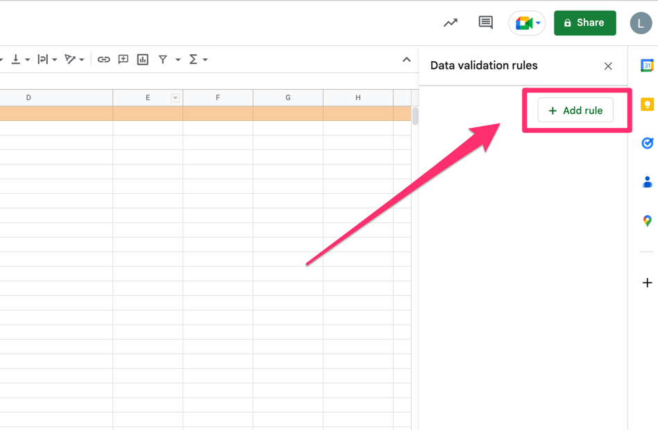 Arrow points to the 'add rule' button which is under the data validation rules