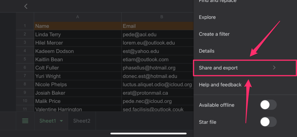 The arrows are pointing on the 'Share and export' menu that becomes visible after clicking on the three dots menu