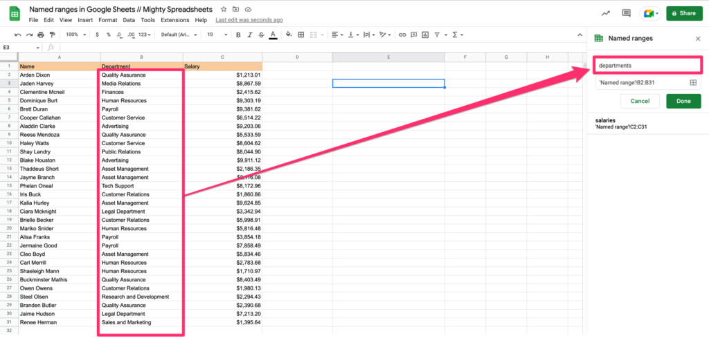 The screenshot shows how we are creating a new named range called 'departments'. It contains of cells B2:B31