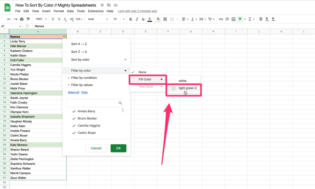 Arrow on the screenshot points to the 'fill color' option and the 'light green 3' color being selected for filtering