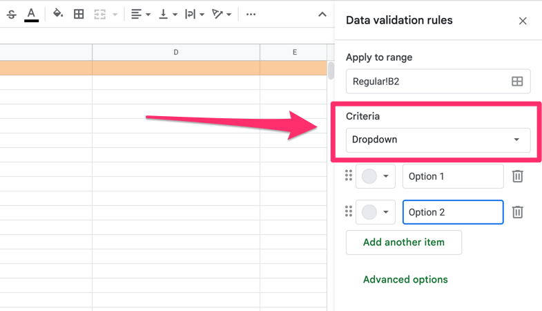 The arrow on the image points to the 'Criteria' section that has a 'Dropdown' set as an active option,