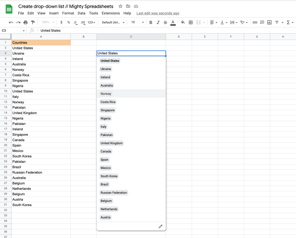 The screenshot shows the final drop-down menu list with 20 different countries inside