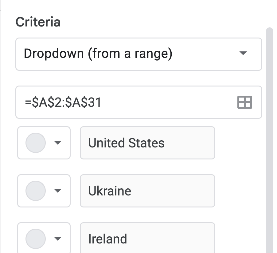 The screenshot shows 'dropdown from a range' option under the criteria section