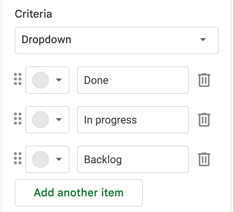 The screenshot presents zoom to 3 options that we will have in the dropdown to describe a task status: done, in progress, backlog