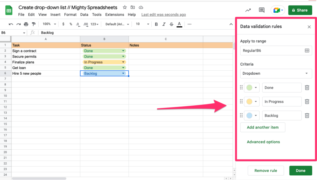 Edit validation rules panel