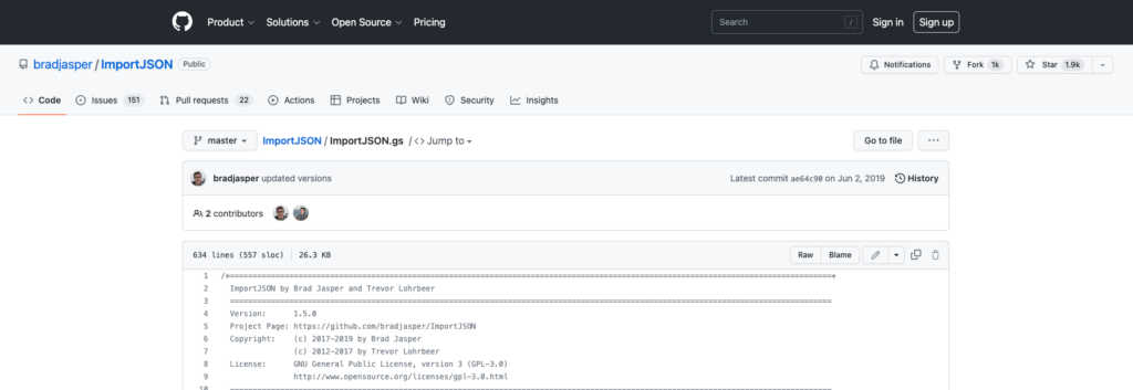 The screenshot shows the GitHub repository page for import JSON code snippet written in javascript